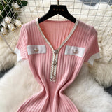 YuooMuoo Brand Fashion Knitted Mermaid Dress 2026 New Elegant V-neck Buttons Ribbed Sweater Dress Lady Bodycon Party Vestidos