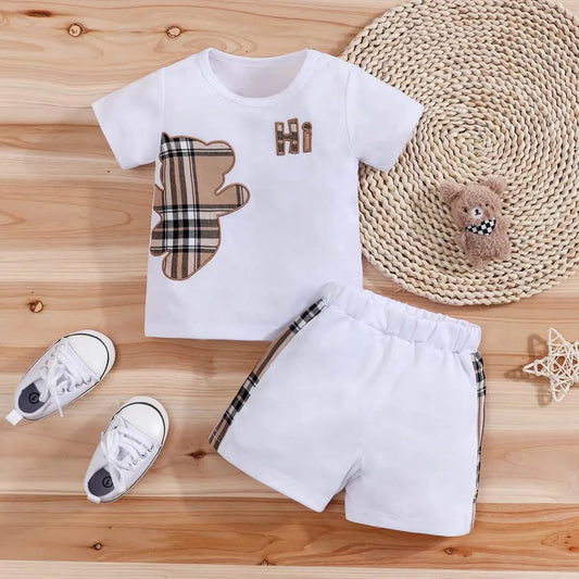 2pcs Baby Short Sleeve Tee & Shorts Set - Checked Bear 3-24M