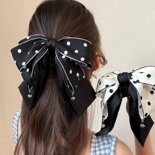 Polka Dot Big Bow Hair Clip in Black & White