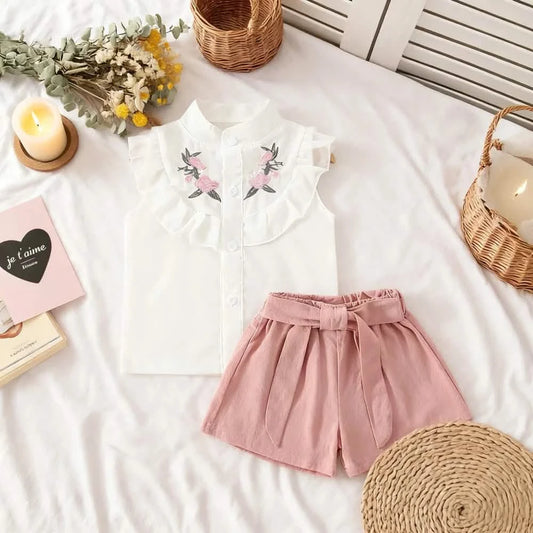 Baby Girl Flower Embroidery Cotton Top & Shorts Set