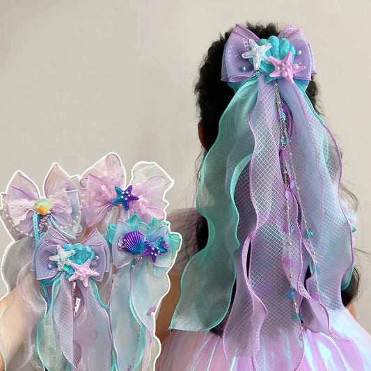 2PCS Mermaid Headwear, Children's Princess Bow, Hairpin, Girls' Floating Yarn, Braided Hair Clip Mermaid Maiden Hair Accessory