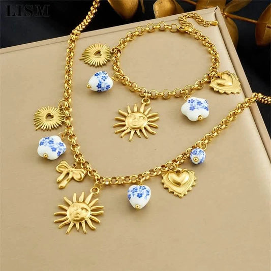 Blue Ceramic Flower & Heart 316L Steel Necklace & Bracelet Set
