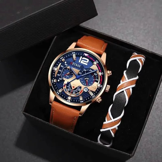 Men’s 2-Piece Calendar Watch Set – Business Casual Brown