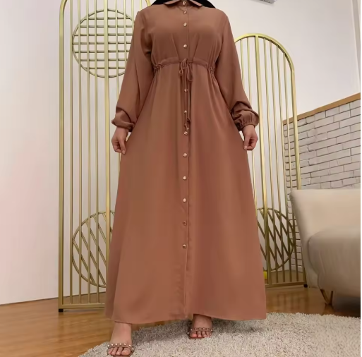 Modern Long Arabic Dress for Women – 2025 Muslim Maxi with Collar, Buttoned, Solid Color
