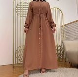 Modern Long Arabic Dress for Women – 2025 Muslim Maxi with Collar, Buttoned, Solid Color