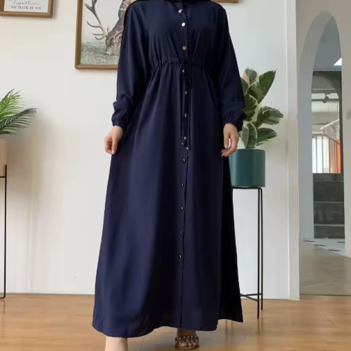 Modern Long Arabic Dress for Women – 2025 Muslim Maxi with Collar, Buttoned, Solid Color