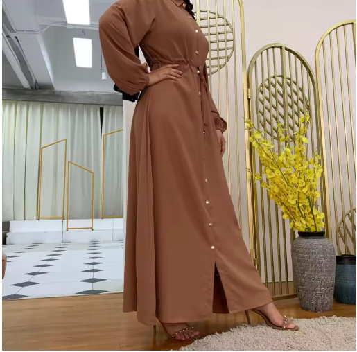 Modern Long Arabic Dress for Women – 2025 Muslim Maxi with Collar, Buttoned, Solid Color
