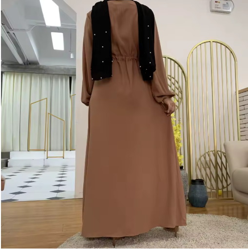 Modern Long Arabic Dress for Women – 2025 Muslim Maxi with Collar, Buttoned, Solid Color