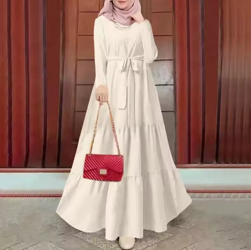 Modest Belted Kaftan Dress – Solid Color, Long Sleeve, Round Neck, Trendy Muslim Style