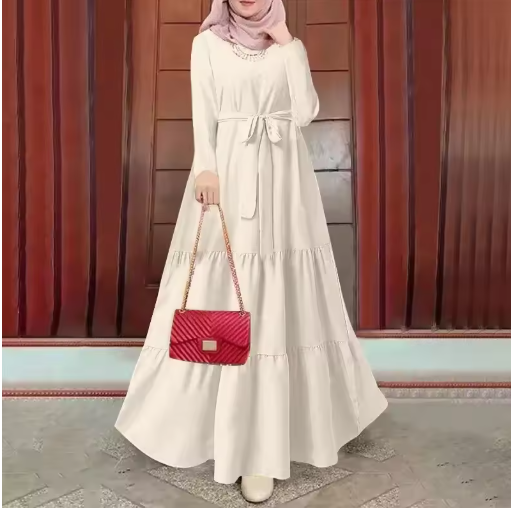 Modest Belted Kaftan Dress – Solid Color, Long Sleeve, Round Neck, Trendy Muslim Style
