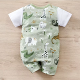 IURNXB Baby Boy Zoo Animal Romper – Faux Two-Piece Short Sleeve Bodysuit for Newborns (0–12 Months)