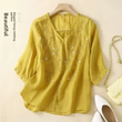 Women's V-Neck Embroidered Cotton Linen Shirt – Summer Lightweight 5-Sleeve Blouse, Loose Fit, Elegant & Trendy Top