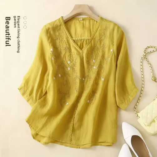 Women's V-Neck Embroidered Cotton Linen Shirt – Summer Lightweight 5-Sleeve Blouse, Loose Fit, Elegant & Trendy Top