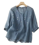 Women's V-Neck Embroidered Cotton Linen Shirt – Summer Lightweight 5-Sleeve Blouse, Loose Fit, Elegant & Trendy Top