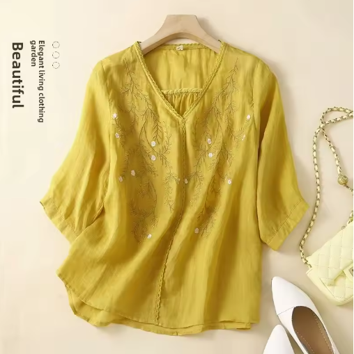 Women's V-Neck Embroidered Cotton Linen Shirt – Summer Lightweight 5-Sleeve Blouse, Loose Fit, Elegant & Trendy Top