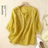 Women's V-Neck Embroidered Cotton Linen Shirt – Summer Lightweight 5-Sleeve Blouse, Loose Fit, Elegant & Trendy Top