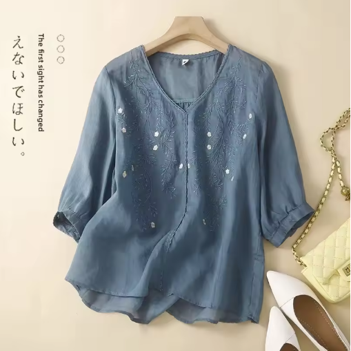 Women's V-Neck Embroidered Cotton Linen Shirt – Summer Lightweight 5-Sleeve Blouse, Loose Fit, Elegant & Trendy Top