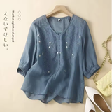 Women's V-Neck Embroidered Cotton Linen Shirt – Summer Lightweight 5-Sleeve Blouse, Loose Fit, Elegant & Trendy Top