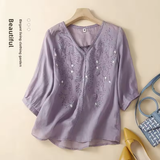 Women's V-Neck Embroidered Cotton Linen Shirt – Summer Lightweight 5-Sleeve Blouse, Loose Fit, Elegant & Trendy Top