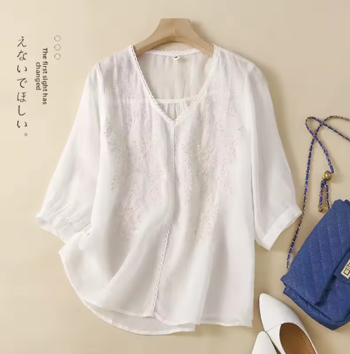 Women's V-Neck Embroidered Cotton Linen Shirt – Summer Lightweight 5-Sleeve Blouse, Loose Fit, Elegant & Trendy Top
