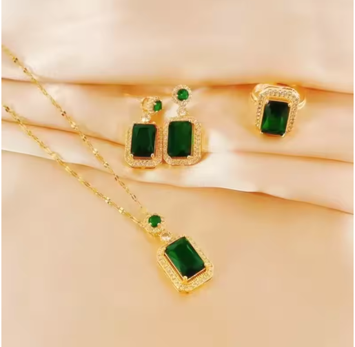 Emerald Perfume Bottle Jewelry Set – 3-Piece Necklace, Earrings & Ring | Elegant Wedding, Banquet & Birthday Gift for Women