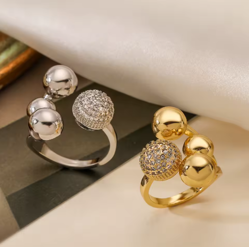 2025 Geometric Ball Ring for Women – Silver/Gold High Polish Zircon Copper Ring | Unique Fashion Jewelry
