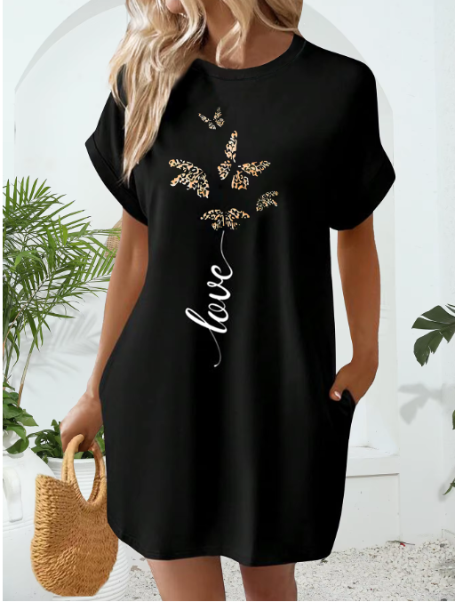 Nice-forever Women's Summer Classic Black Printed Dress – Elegant & Casual Short Sleeve Dress MY653