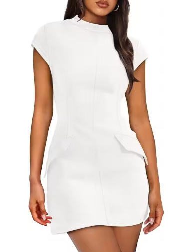 Summer 2025 Women's Casual Slim Fit Mini Dress – Short Sleeve Empire Waist Bodysuit Style