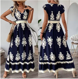 Elegant Vacation V-Neck Long Dress for Women – Summer 2025 Printed Petal Sleeve Style