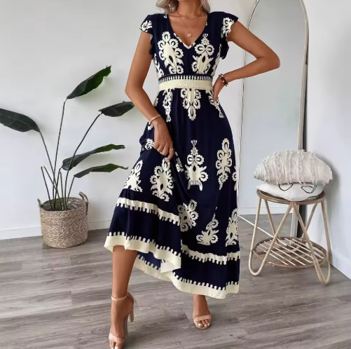 Elegant Vacation V-Neck Long Dress for Women – Summer 2025 Printed Petal Sleeve Style