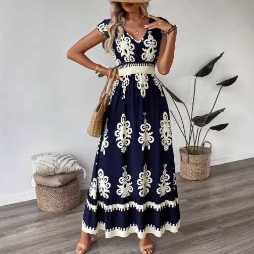 Elegant Vacation V-Neck Long Dress for Women – Summer 2025 Printed Petal Sleeve Style
