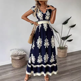 Elegant Vacation V-Neck Long Dress for Women – Summer 2025 Printed Petal Sleeve Style