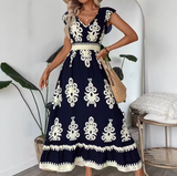 Elegant Vacation V-Neck Long Dress for Women – Summer 2025 Printed Petal Sleeve Style