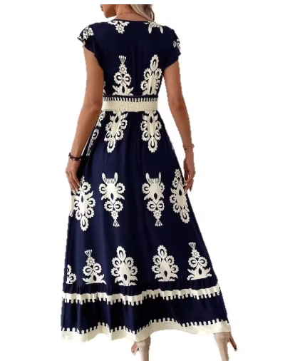 Elegant Vacation V-Neck Long Dress for Women – Summer 2025 Printed Petal Sleeve Style