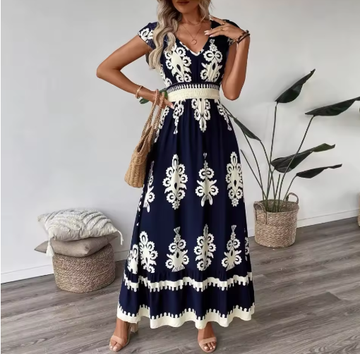 Elegant Vacation V-Neck Long Dress for Women – Summer 2025 Printed Petal Sleeve Style