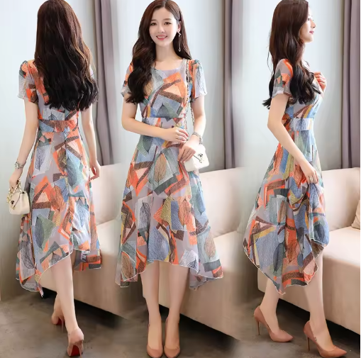 Elegant Floral Maxi Dress for Women – Short Sleeve, Slim Fit, Irregular Hem – Silhouette-Enhancing Summer Gown