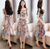 Elegant Floral Maxi Dress for Women – Short Sleeve, Slim Fit, Irregular Hem – Silhouette-Enhancing Summer Gown