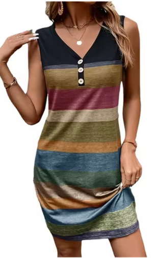 Women’s Summer Striped Sleeveless Mini Dress – V-Neck Button Front, Casual & Party Style