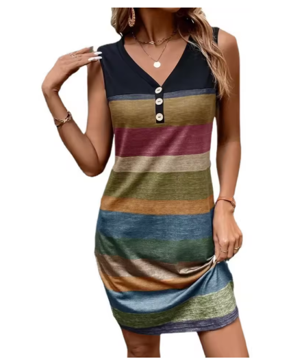 Women’s Summer Striped Sleeveless Mini Dress – V-Neck Button Front, Casual & Party Style