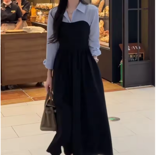 Women’s Two-Piece Illusion Shirt & Long Sleeve Black Dress – Elegant Matching Set, New Arrival