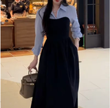 Women’s Two-Piece Illusion Shirt & Long Sleeve Black Dress – Elegant Matching Set, New Arrival