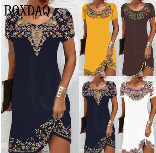 Women’s Ethnic Style Vintage Mini Dress – Short Sleeve, Boho Chic Look