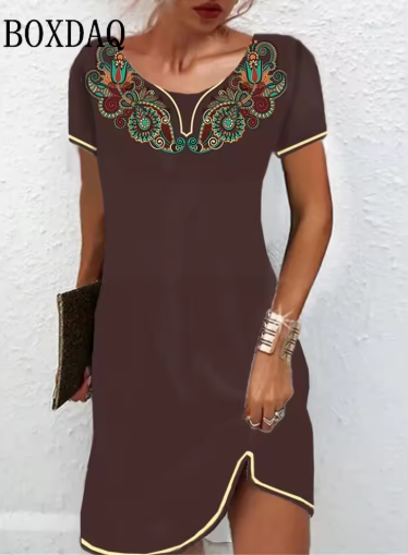 Women’s Ethnic Style Vintage Mini Dress – Short Sleeve, Boho Chic Look