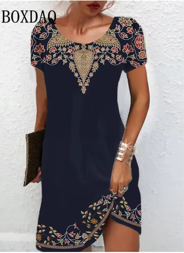 Women’s Ethnic Style Vintage Mini Dress – Short Sleeve, Boho Chic Look
