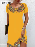 Women’s Ethnic Style Vintage Mini Dress – Short Sleeve, Boho Chic Look