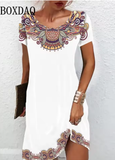 Women’s Ethnic Style Vintage Mini Dress – Short Sleeve, Boho Chic Look