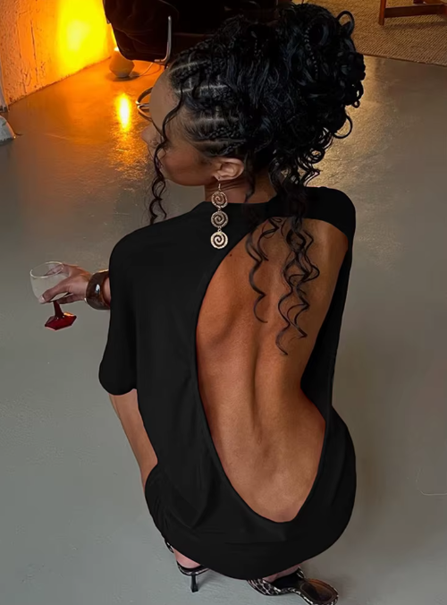 Women’s Solid Backless Mini Dress – Summer Chic, Half Sleeve, Body-Shaping Party Dress