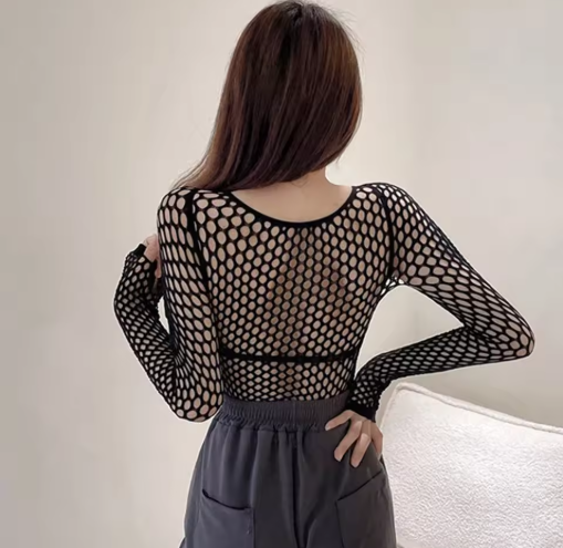 Women’s Sexy Mesh Long Sleeve Top – See-Through Fishnet Crop Tee