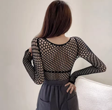 Women’s Sexy Mesh Long Sleeve Top – See-Through Fishnet Crop Tee
