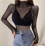 Women’s Sexy Mesh Long Sleeve Top – See-Through Fishnet Crop Tee
